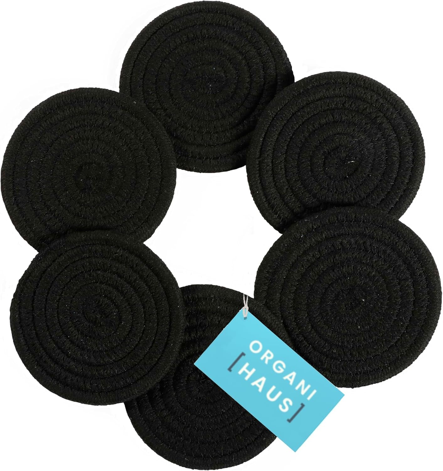 Set of 6 Black Coasters 4.3", Farmhouse Woven Coasters for Coffee Table, Absorbent Coasters for Drinks, Cute Aesthetic Boho Coasters, Rustic Desk Coasters, Moisture Absorbing Coasters