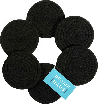 Set of 6 Black Coasters 4.3", Farmhouse Woven Coasters for Coffee Table, Absorbent Coasters for Drinks, Cute Aesthetic Boho Coasters, Rustic Desk Coasters, Moisture Absorbing Coasters