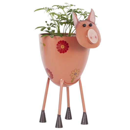 8" X 16" Indoor Outdoor Pink Metal Pig Planter with Floral Pattern Planter