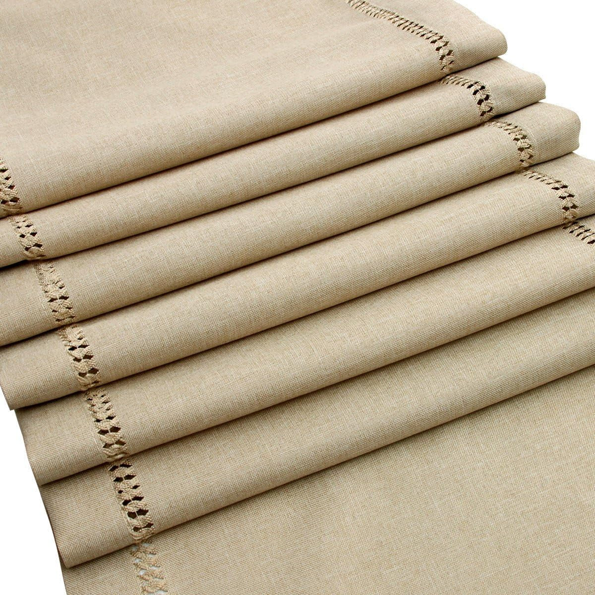 Handmade Hemstitched Polyester Rectangle Table Runners,Beige 14X48 Inch