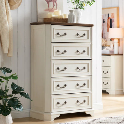Theron Farmhouse 5 Drawer Bedroom Dresser, Wood Tall Chest of Drawers, Closet Storage for Bedroom