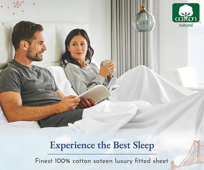 White Twin XL Fitted Sheet, 100% Cotton 400 Thread Count Sateen, 1 Fitted Sheet Only for Home, Fits College Dorm Mattresses (Twin XL, White)