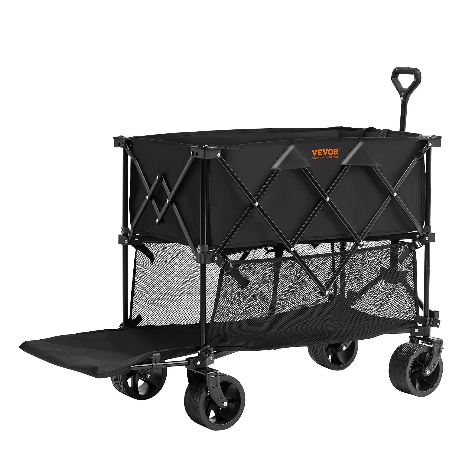 VEVOR Foldable Double Decker Wagon, 400L Collapsible Wagon Cart with All-Terrain Wheels, Heavy Duty Folding Wagon Cart 450 Lbs Weight Capacity for Camping, Shopping, Garden, 52 Extra Long Extender