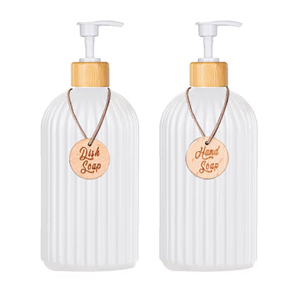 Strip Soap Dispenser with Bamboo Pump Refillable Shampoo Conditioner Hands and Dishes Soap Dispenser Bottle for Kitchen Bathroom