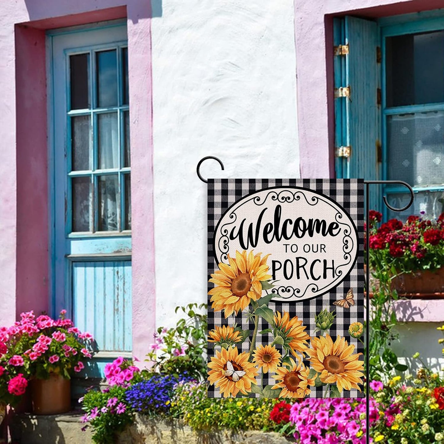 Home Decorative Welcome to Our Porch Spring Summer Sunflower Garden Flag, Black White Buffalo Plaid Check Yard outside Decoration, Fall Autumn Farmhouse Outdoor Small Decor 12 X 18
