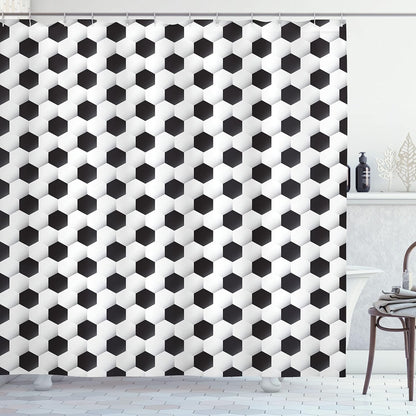 Sports Shower Curtain, Soccer Ball Vivid Pattern Athletic Sport Themed Geometrical Modern Design, Cloth Fabric Bathroom Decor Set with Hooks, 69" W X 75" L, White Grey