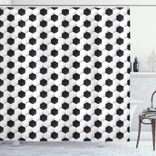 Sports Shower Curtain, Soccer Ball Vivid Pattern Athletic Sport Themed Geometrical Modern Design, Cloth Fabric Bathroom Decor Set with Hooks, 69" W X 75" L, White Grey