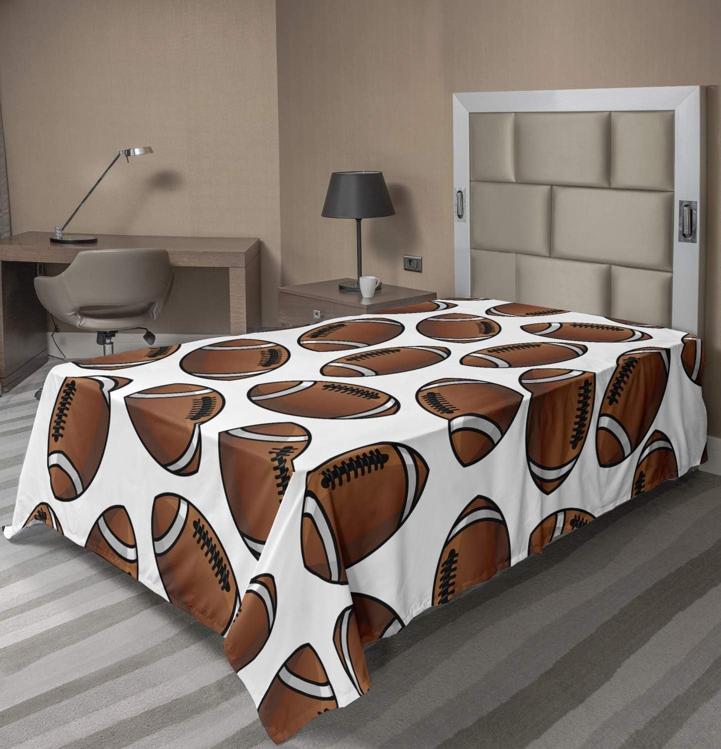 Sports Flat Sheet, American Football Rugby Balls Cartoon Pattern Professional Sportsman Athleticism, Soft Comfortable Top Sheet Decorative Bedding 1 Piece, Twin Size, White Brown