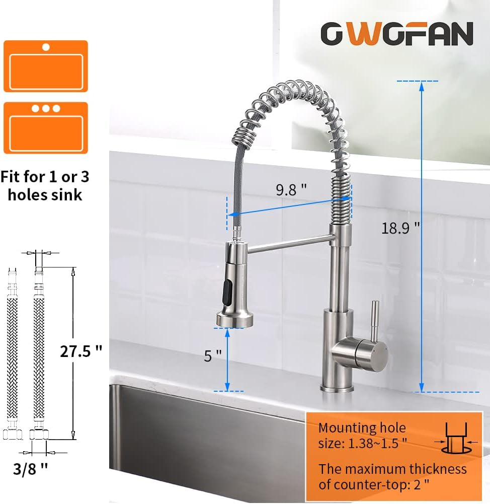 Kitchen Faucet Low Lead Commercial Solid Brass Single Handle Single Lever Pull Out Pull down Sprayer Spring Kitchen Sink Faucet, Brushed Nickel Kitchen Faucets 866053SN
