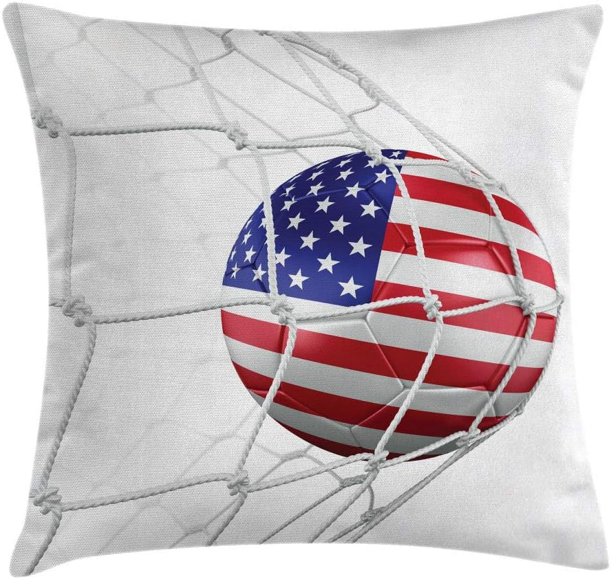 Sports Throw Pillow Cushion Cover, USA American Flag Printed on a Soccer Ball in a Net for Goal and Success Competition Art, Decorative Rectangle Accent Pillow Case, 26" X 16", Navy Blue