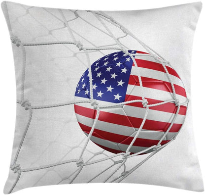 Sports Throw Pillow Cushion Cover, USA American Flag Printed on a Soccer Ball in a Net for Goal and Success Competition Art, Decorative Rectangle Accent Pillow Case, 26" X 16", Navy Blue