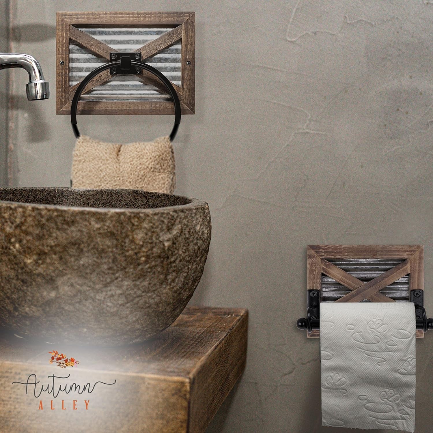 Rustic Farmhouse Towel Holder for Bathroom, Rustic Hand Towel Holder, Rustic Towel Rack Holder, Wall Mounted, Western Bathroom Decor, Wood Country Decor, Galvanized Metal, Black Ring