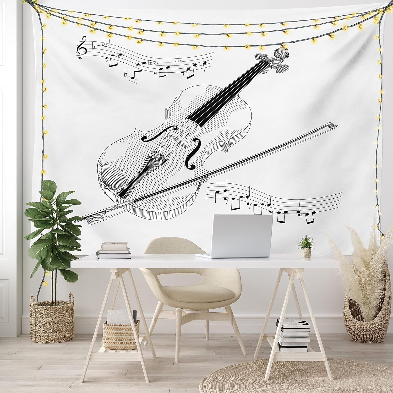 Violin Tapestry, Symphony Classical High Art Music Instrument Performing Cello Orchestra Print, Fabric Wall Hanging Decor for Bedroom Living Room Dorm, 45" X 30", Black and White