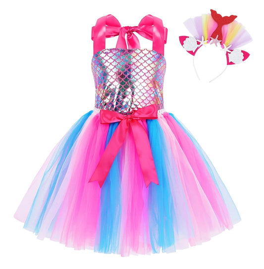 Little Girls Sequin Ariel Mermaid Princess Cosplay Dress Birthday Party Halloween Cosplay Costumes with Hairband 6-7 Years