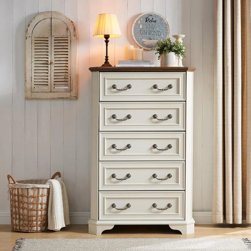 Theron Farmhouse 5 Drawer Bedroom Dresser, Wood Tall Chest of Drawers, Closet Storage for Bedroom