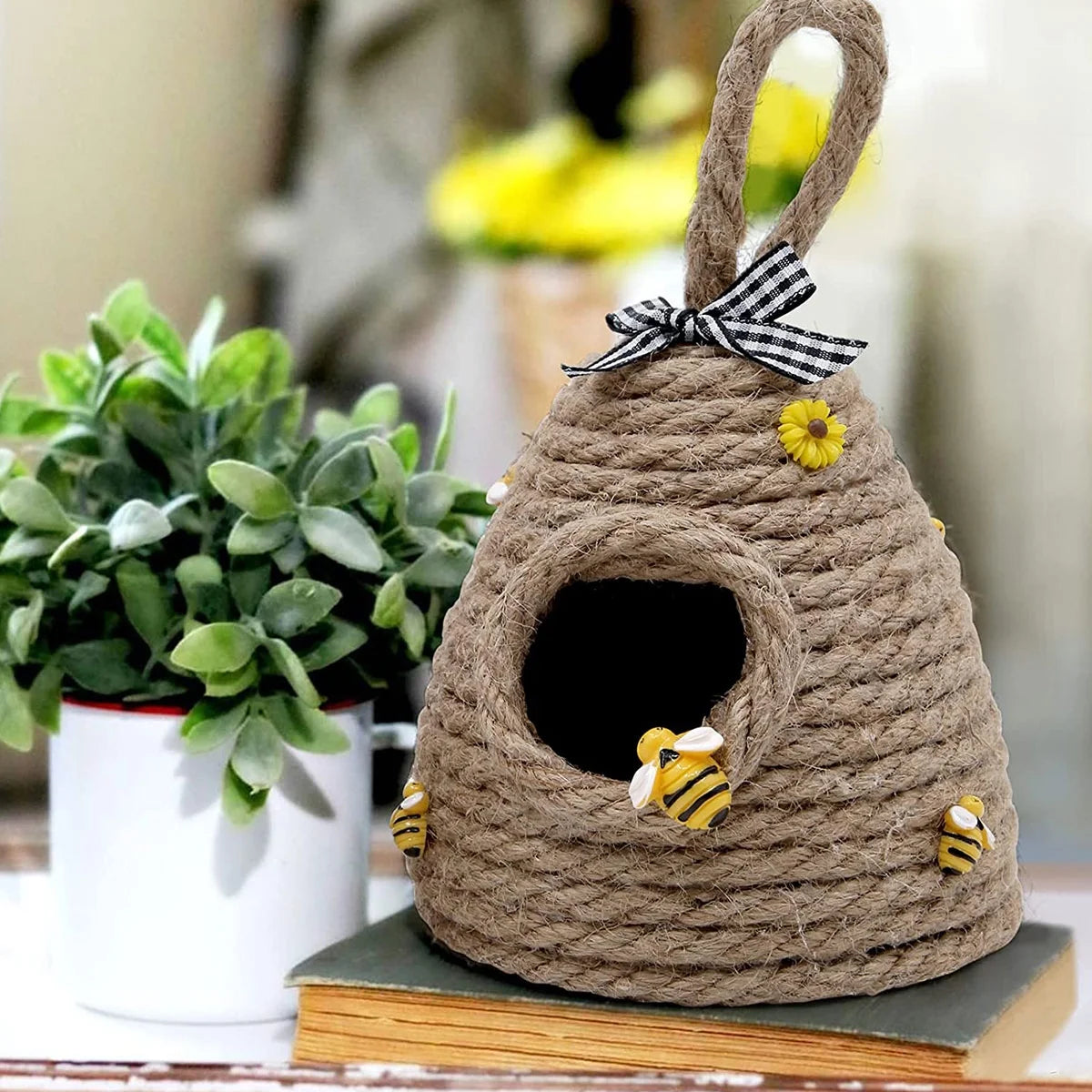 Beehive Decor Jute Hanging Bee Tiered Tray Decor Cute Handmade Honeycomb Decoration Bee Themed Party Ornament for Farmhouse Country Kitchen Bookshelf Garden