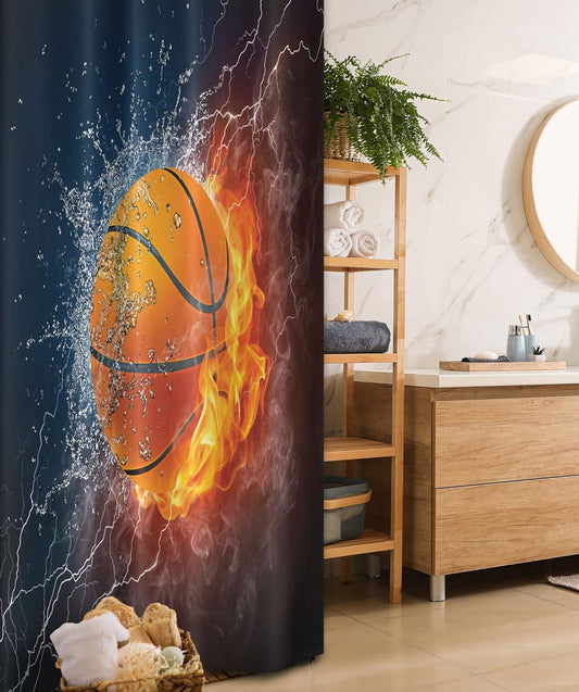 Sports Stall Shower Curtain, Basketball Ball and Water Splashing Thunder Lightning Themed Design, Fabric Bathroom Decor Set with Hooks, 36" W X 72" L, Dark Blue and Burgundy