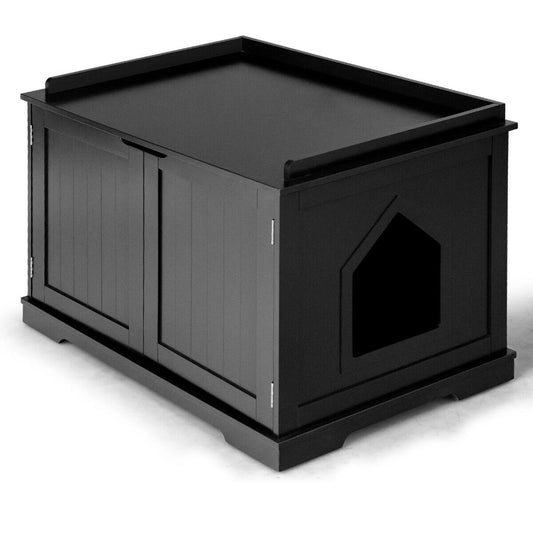 Cat Litter Box Side Table Washroom Storage Bench Wooden Enclosure Pet House Black