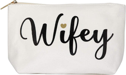 Wifey Tote Bag with Makeup Bag, Gifts for Engagement/Bridal Shower/Bachelorette/Wedding Party Canvas White