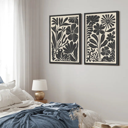 Abstract Botanical " Unique Black and White Floral Modern Boho Framed Canvas Print 2 Pieces Wall Art