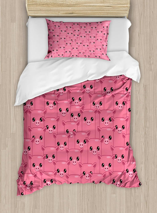 Pig Duvet Cover Set, Smily Square Faced Little Pigs Eyes and Noses Crowd Herd of Animals Pattern Print, Decorative 2 Piece Bedding Set with 1 Pillow Sham, Twin Size, Black Pink