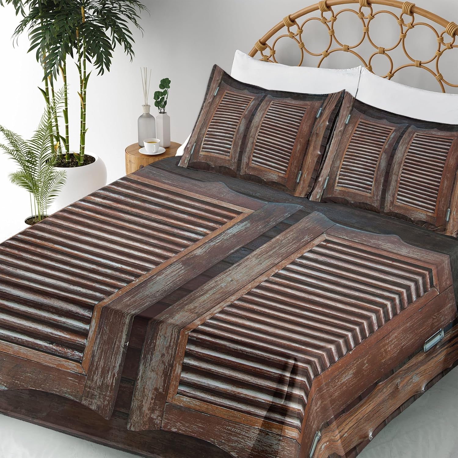 Western Sheet Set, Antique Themed Traditional Rustic Wild West Swinging Wooden Cowboy Bar Saloon Door, Fitted and Flat Sheet with Pillowcases Bedding Accent 4 Piece Set, Queen, Dark Brown