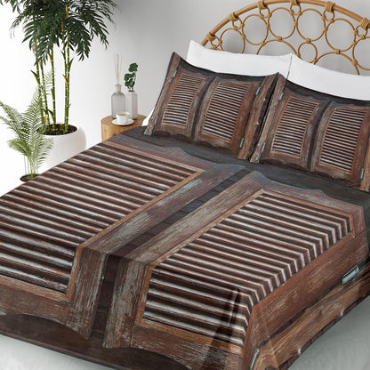 Western Sheet Set, Antique Themed Traditional Rustic Wild West Swinging Wooden Cowboy Bar Saloon Door, Fitted and Flat Sheet with Pillowcases Bedding Accent 4 Piece Set, Queen, Dark Brown