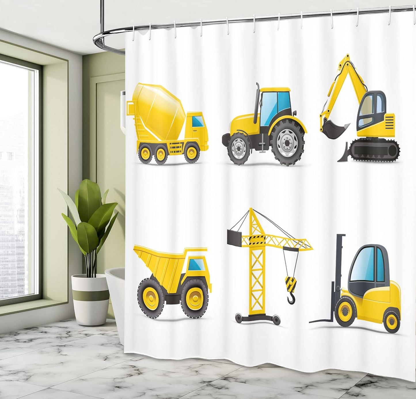 Cartoon Shower Curtain, Style Heavy Machinery Truck Crane Digger Mixer Tractor Construction, Cloth Fabric Bathroom Decor Set with Hooks, 69" W X 75" L, Yellow and Grey