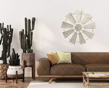 28" Farmhouse Galvanized Windmill Wall Sculpture Home Decor Rustic Metal Rustic Wall Art Decoration, Beige
