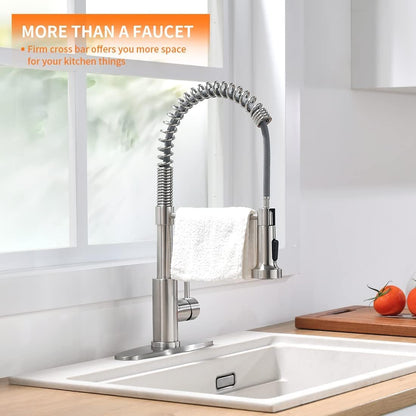 Kitchen Faucet Low Lead Commercial Solid Brass Single Handle Single Lever Pull Out Pull down Sprayer Spring Kitchen Sink Faucet, Brushed Nickel Kitchen Faucets 866053SN