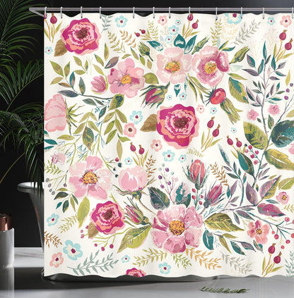 Floral Shower Curtain, Shabby Form Flowers Roses Petals Dots Leaves Buds Spring Season Theme Image, Cloth Fabric Bathroom Decor Set with Hooks, 69" W X 70" L, Magenta