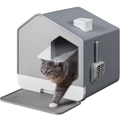Extra Large Enclosed Cat Litter Box with Mat and Scoop,Odor-Free Enclosed Hooded Large Cat Toilet, No Assembly Required and Easy Cleaning,Gray