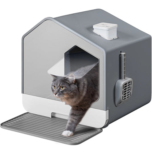 Extra Large Enclosed Cat Litter Box with Mat and Scoop,Odor-Free Enclosed Hooded Large Cat Toilet, No Assembly Required and Easy Cleaning,Gray