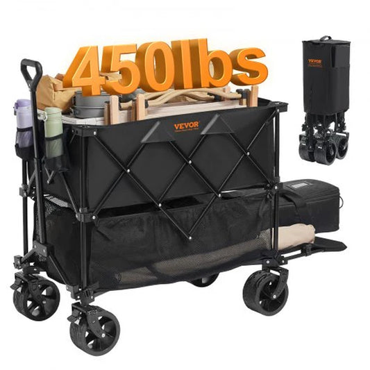 VEVOR Foldable Double Decker Wagon, 400L Collapsible Wagon Cart with All-Terrain Wheels, Heavy Duty Folding Wagon Cart 450 Lbs Weight Capacity for Camping, Shopping, Garden, 52 Extra Long Extender