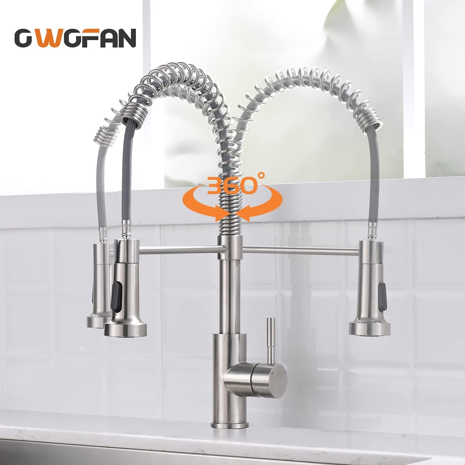 Kitchen Faucet Low Lead Commercial Solid Brass Single Handle Single Lever Pull Out Pull down Sprayer Spring Kitchen Sink Faucet, Brushed Nickel Kitchen Faucets 866053SN
