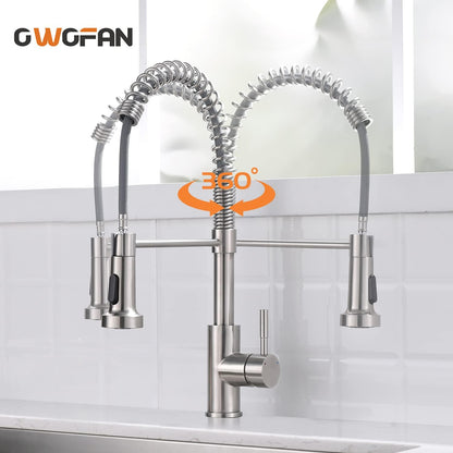 Kitchen Faucet Low Lead Commercial Solid Brass Single Handle Single Lever Pull Out Pull down Sprayer Spring Kitchen Sink Faucet, Brushed Nickel Kitchen Faucets 866053SN