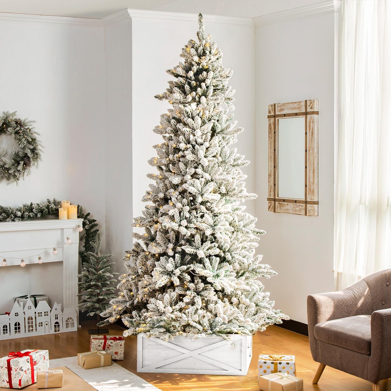 Washed White Wooden Tree Collar Tree Stand Cover Christmas Tree Skirt Tree Box, 32" L X 32" W