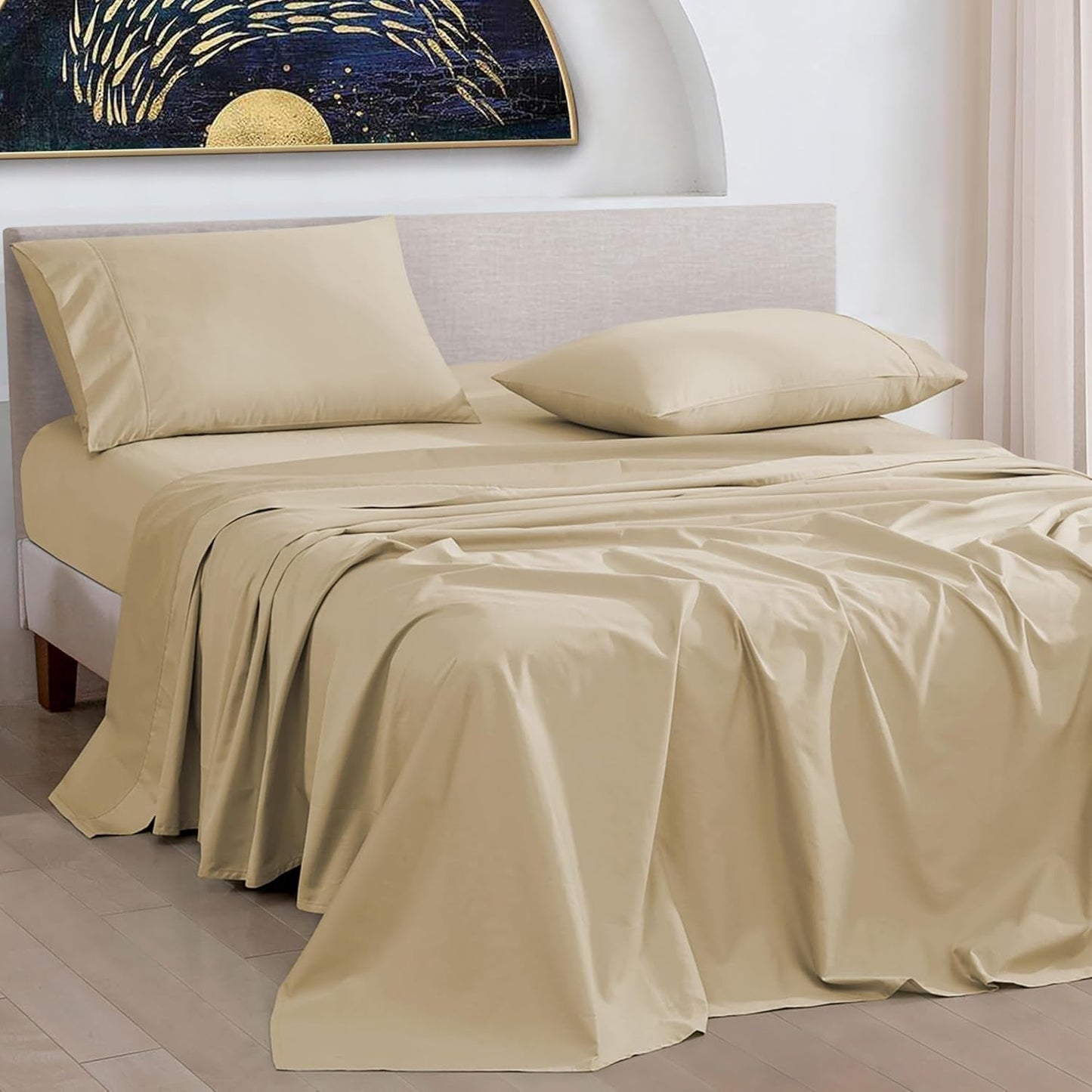 Twin Size Sheets 100% Pure Cotton, 1000 Thread Count 3 Pc Bed Sheet Sets, Soft & Breathable, Luxury Hotel Sheets Fits 16" Elasticized Deep Pocket, Sateen Weave, Solid, Sand