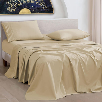 Twin Size Sheets 100% Pure Cotton, 1000 Thread Count 3 Pc Bed Sheet Sets, Soft & Breathable, Luxury Hotel Sheets Fits 16" Elasticized Deep Pocket, Sateen Weave, Solid, Sand