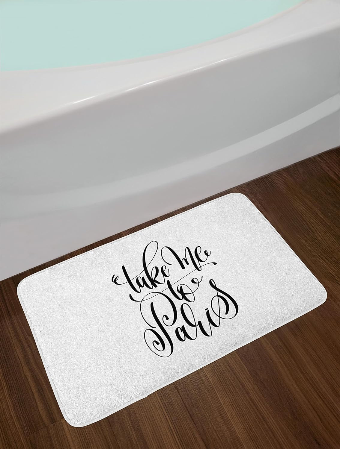 French Script Bath Mat, Take Me to Paris Typography in Modern Minimalist Tone Capital of Romance, Plush Bathroom Decor Mat with Non Slip Backing, 30.2" X 20", Black