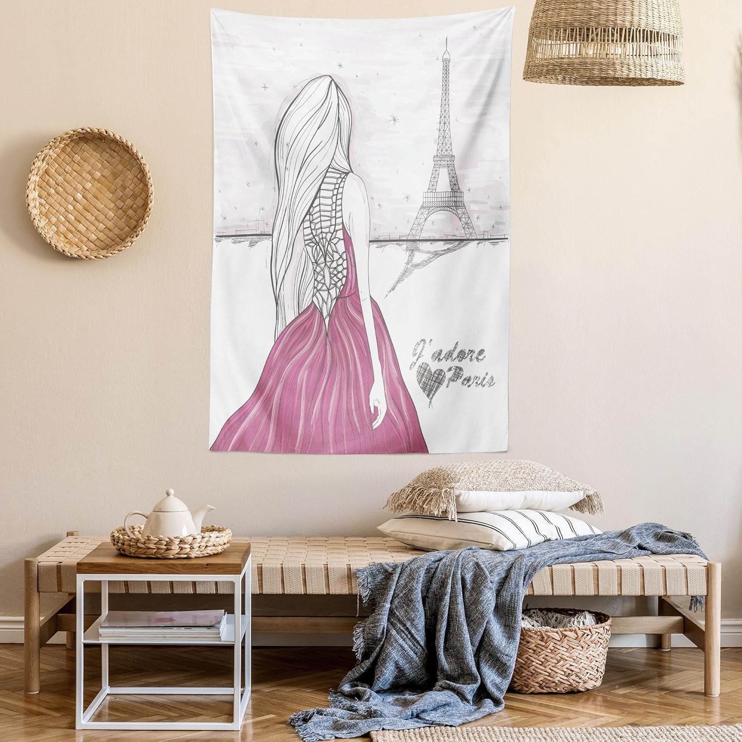 Paris Tapestry, Romantic Dramatical Woman Looks at Eiffel Tower Love Theme Sketch Style Illustration, Wall Hanging for Bedroom Living Room Dorm, 60" X 80", White Pink