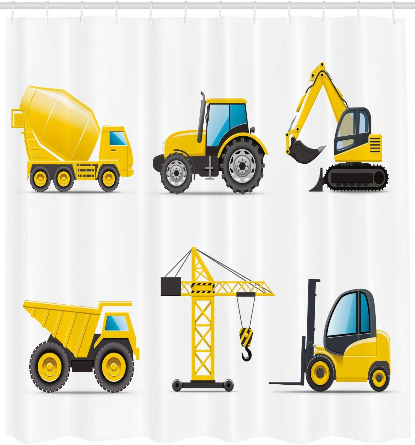 Cartoon Shower Curtain, Style Heavy Machinery Truck Crane Digger Mixer Tractor Construction, Cloth Fabric Bathroom Decor Set with Hooks, 69" W X 75" L, Yellow and Grey