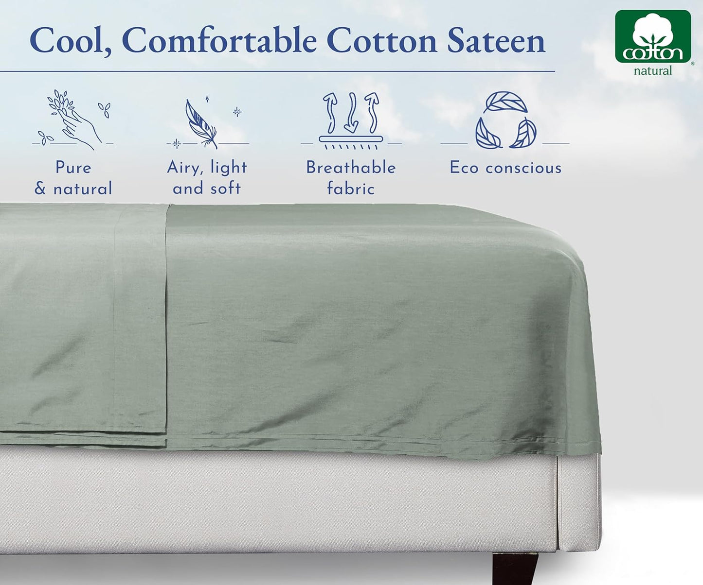 Soft Queen Flat Sheet Cotton Durable, 100% Cotton Sheet, 400 Thread Count Sateen, Smooth & Breathable Hotel Quality Top Sheet Only (Sage Green)