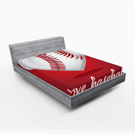 Sports Fitted Sheet, Love for Baseball Theme Heart Shaped Exercise National Sport Athletic Leisure Joy, Bed Cover with All-Round Elastic Deep Pocket for Comfort, Full Size, Red White