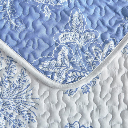 Reversible Quilt Set Twin Size, 2 Pieces White Blue Botanical Floral Printed Summer Bedding Set, Soft Microfiber Lightweight Bedspread/Coverlet for All Season - 68"X86"