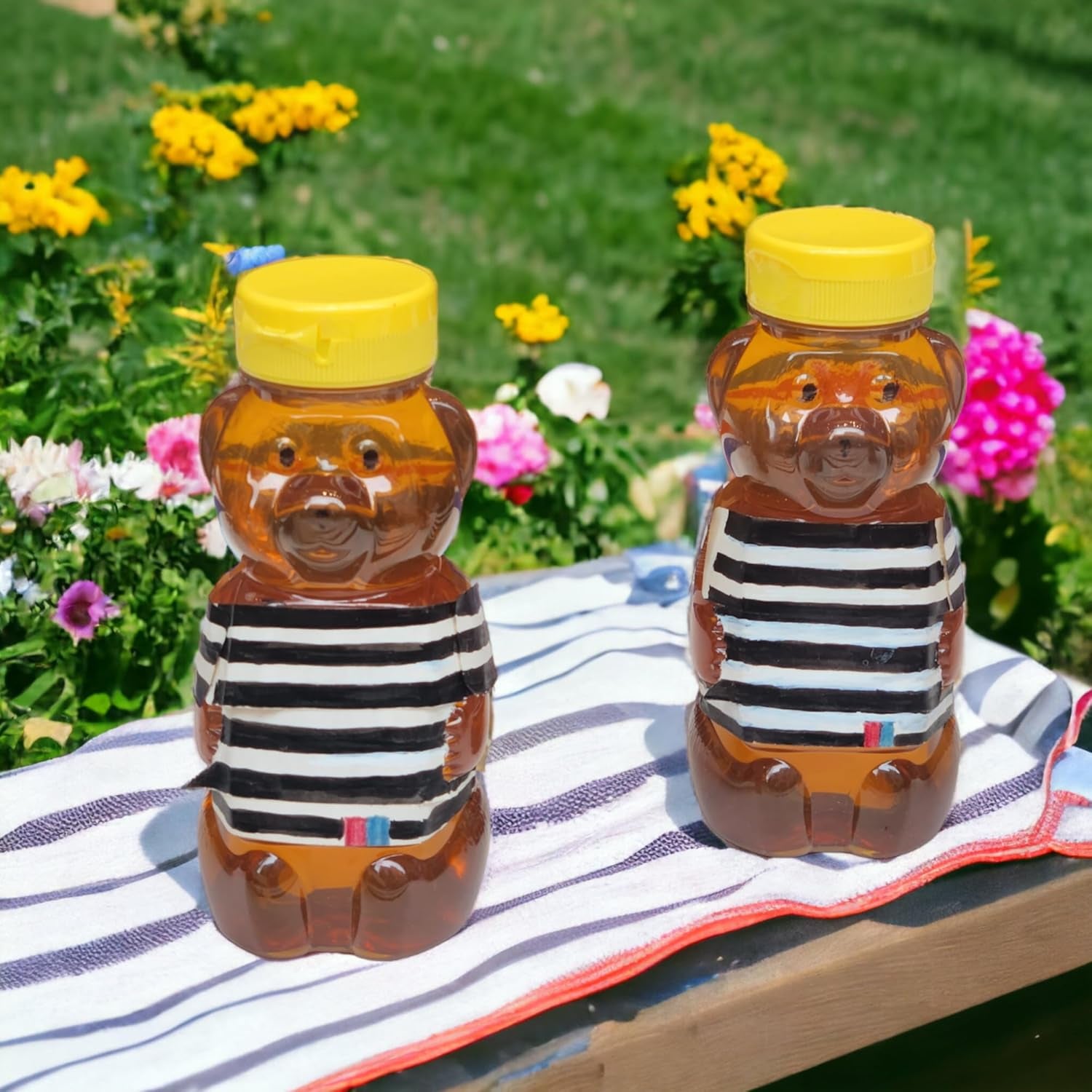 18 Pack 8 Fl Oz Plastic PET Honey Bear Jars, Squeeze Bottles with Yellow Flip-Top Dispenser Caps W/Seals - Holds 12 Oz Honey by Weight - BPA Free, Refillable and Made in USA