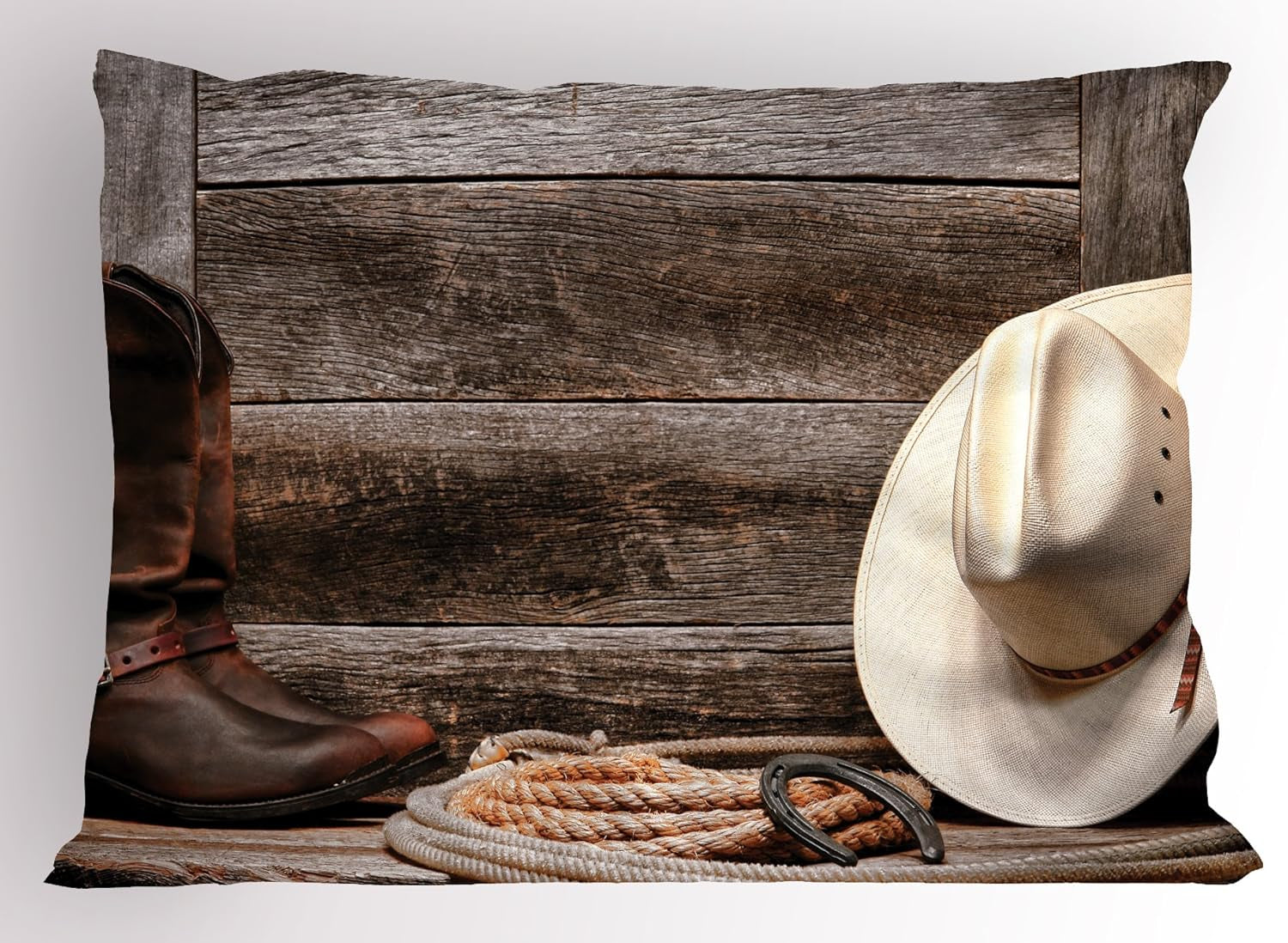 Western Pillow Sham, American West Rodeo Traditional Straw Cowboy Hat Leather Boots Print, Decorative Standard Queen Size Printed Pillowcase, 30" X 20", Brown Tan