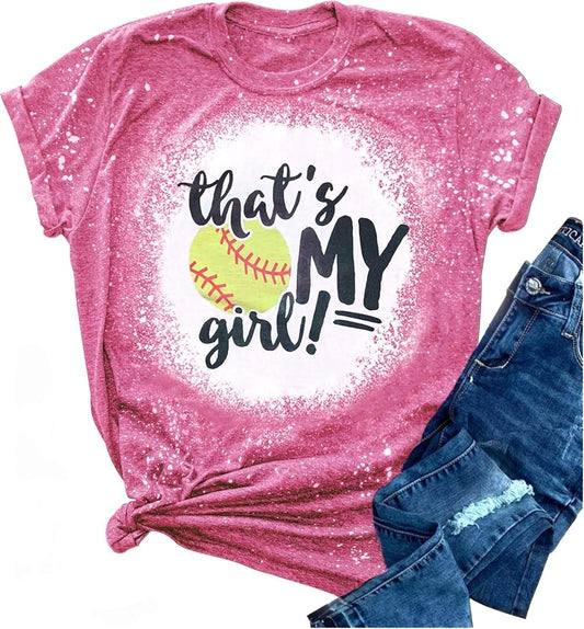 That'S My Girl Softball Parent Bleached T Shirts for Women Retro Funny Baseball Graphic T Shirts Casual Mom Tee Tops