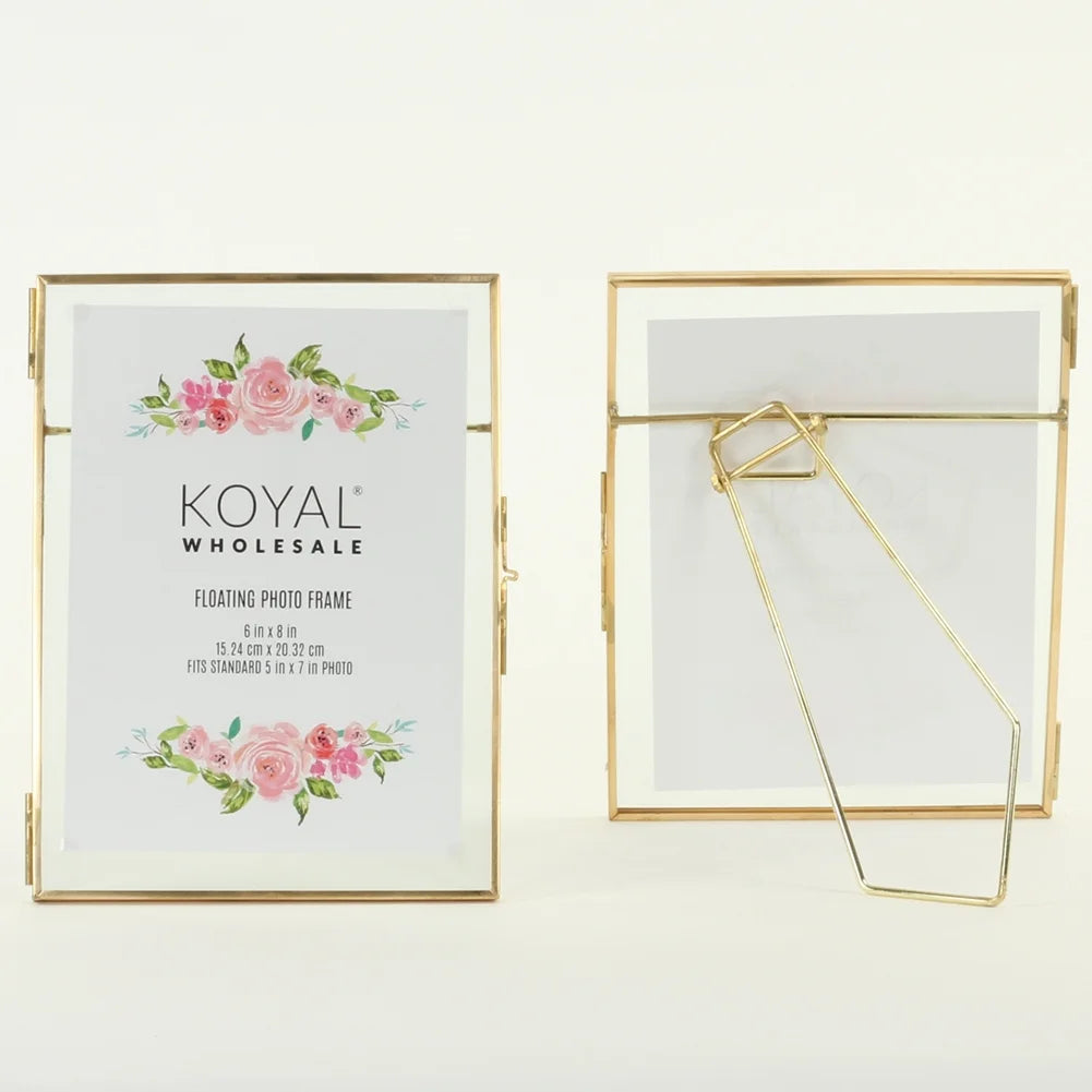 Gold Pressed Glass Floating Photo Frames 6 X 9 Inch, 8−Pack with Stands, Horizontal / Vertical Pictures