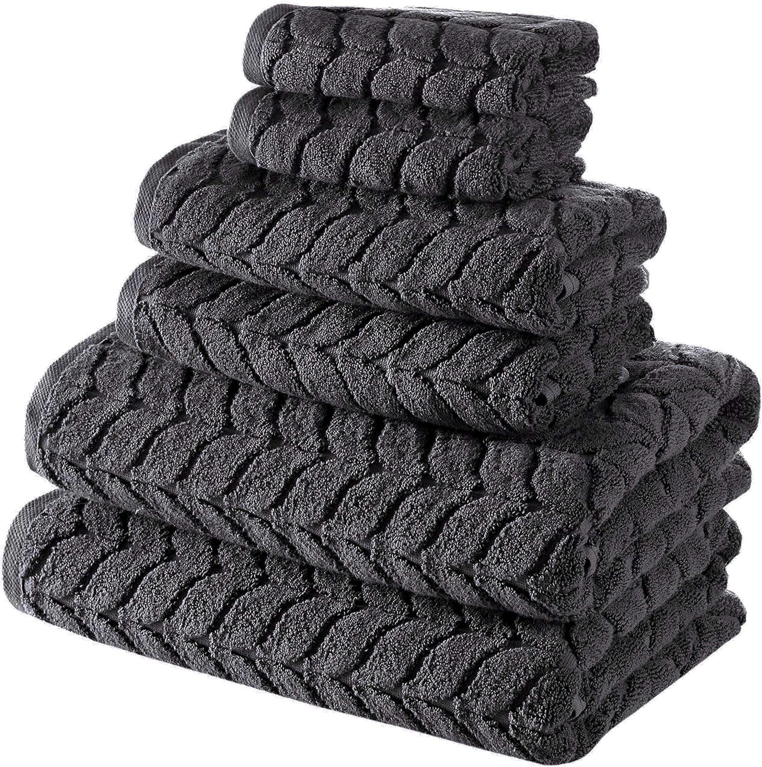 100% Turkish Cotton Jacquard Luxury Towel Set – Quick Dry Non-Gmo Ultra-Soft, Plush and Absorbent Luxury Durable Turkish Towels Set (Charcoal, 6 Pcs Towel Set)